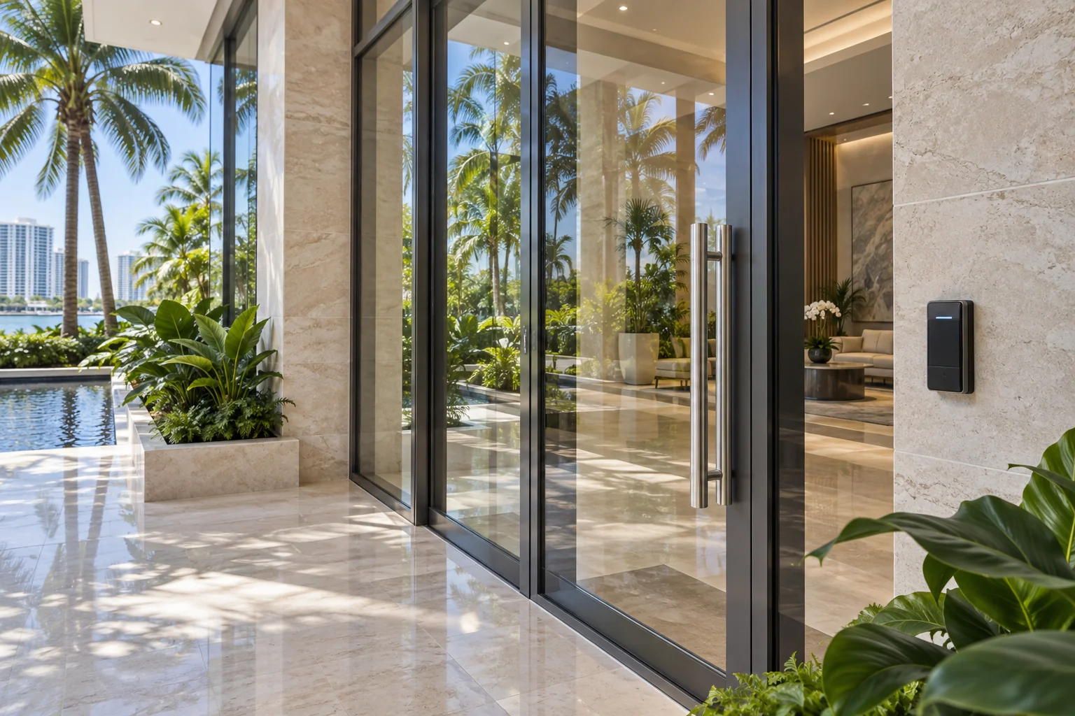 Contemporary condominium entrance with a secure glass entry