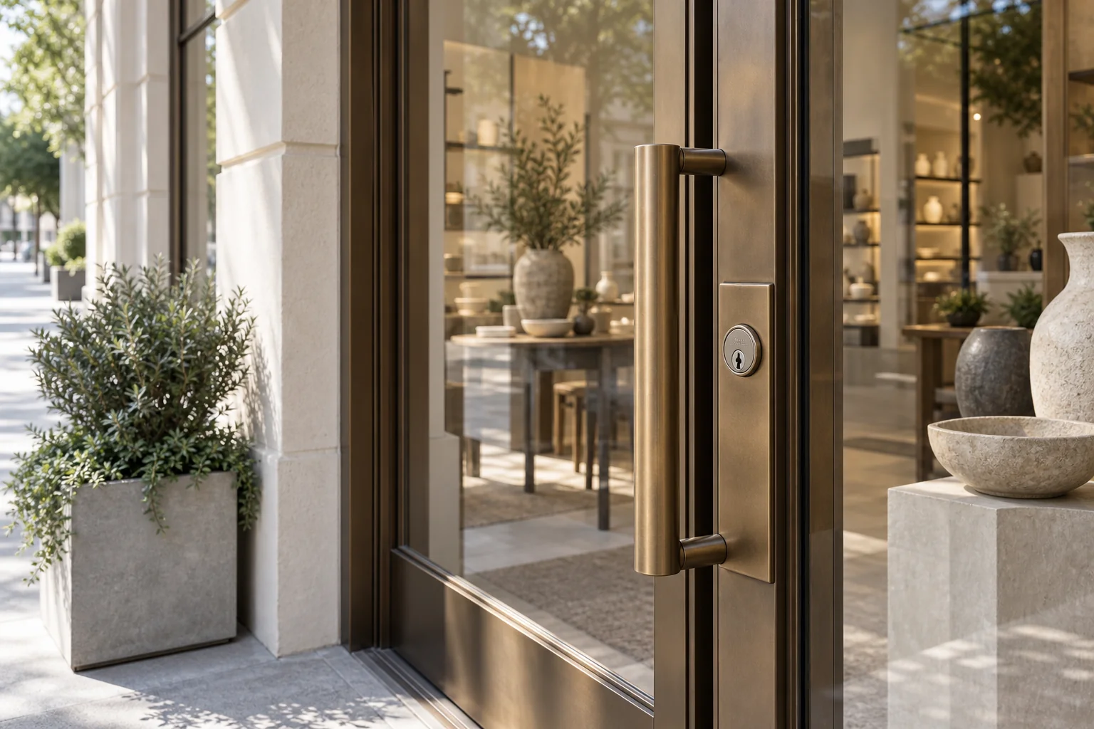 Boutique storefront with commercial glass entry doors