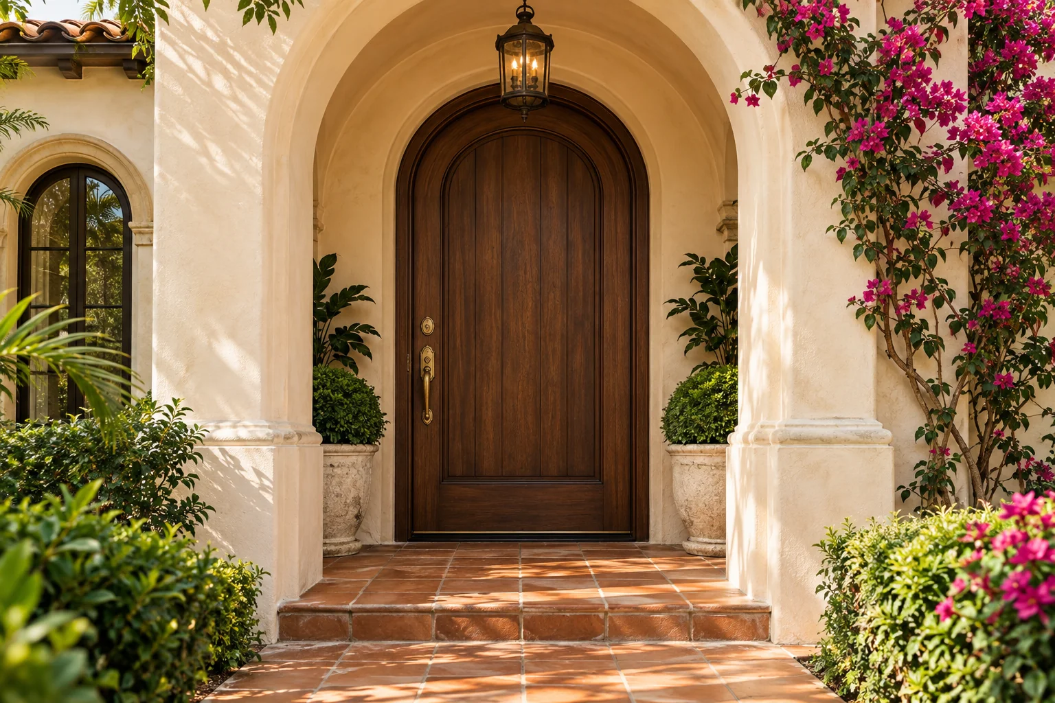 Mediterranean style entrance with detailed brass door hardware