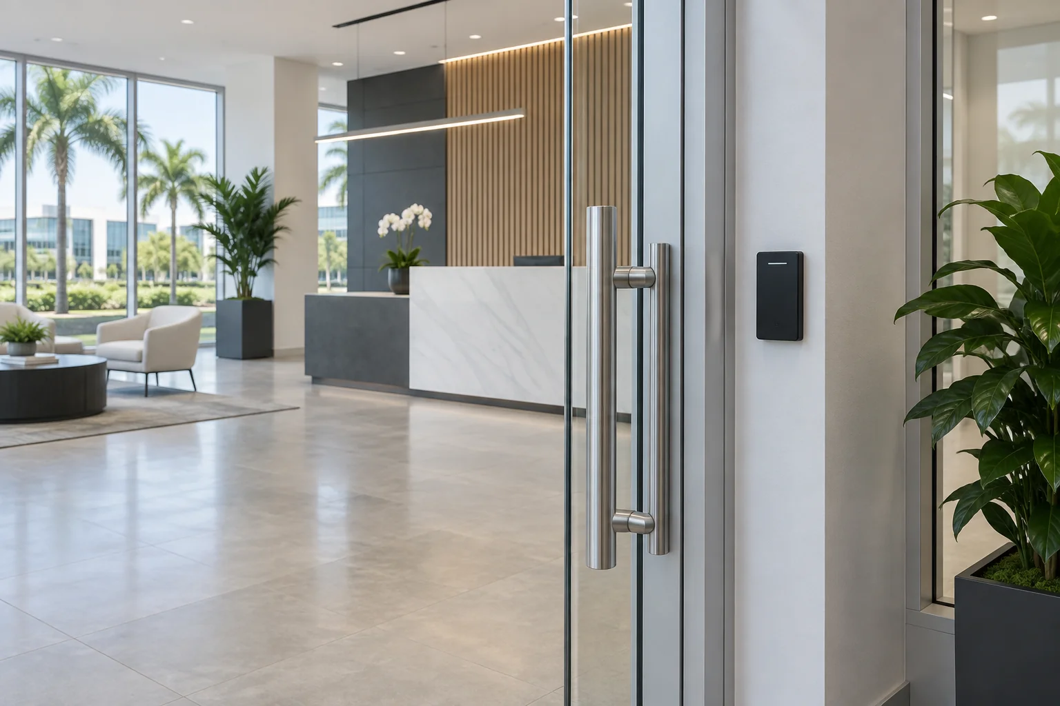 Modern office entrance with commercial access hardware
