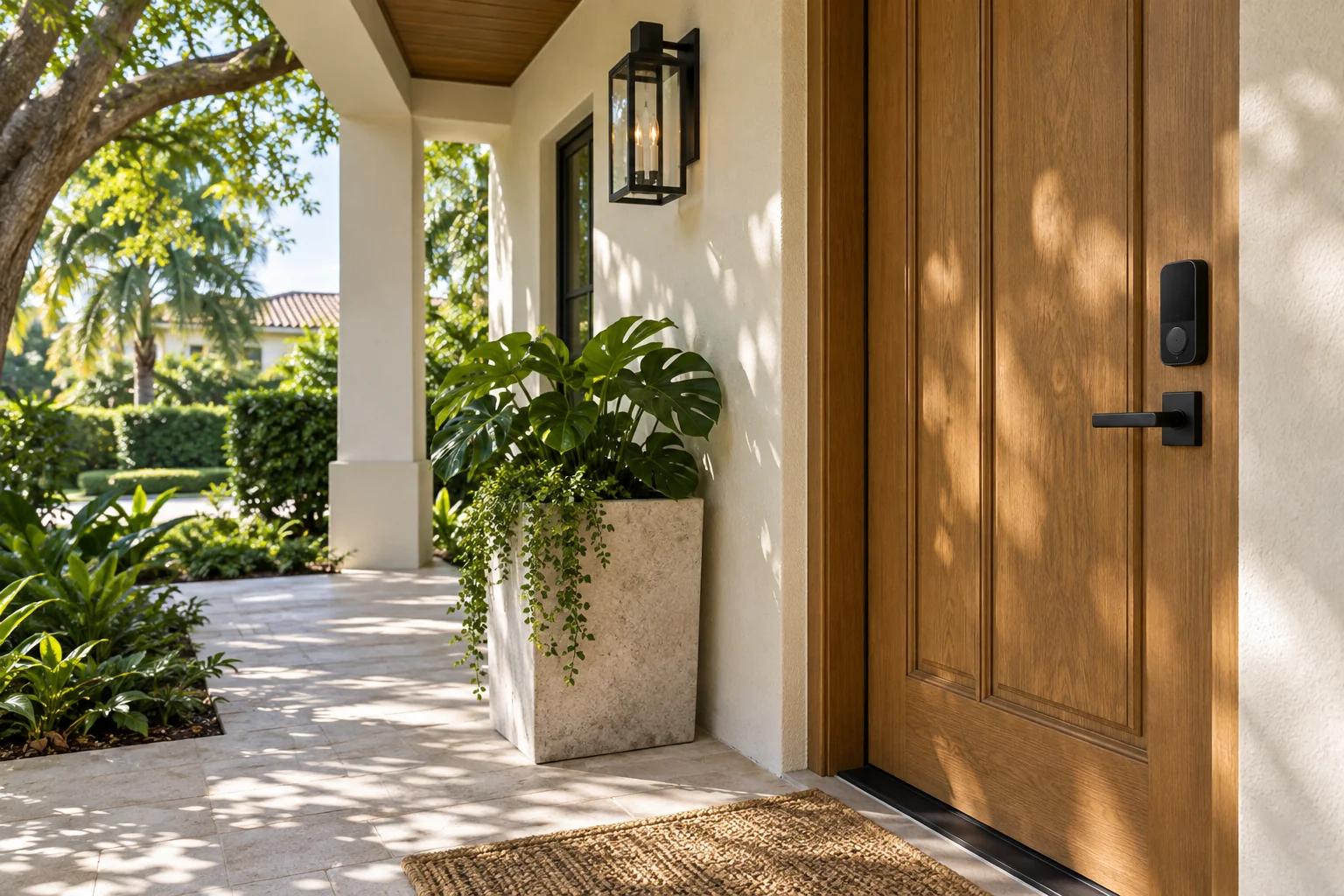 Suburban home entry fitted with a smart keypad lock